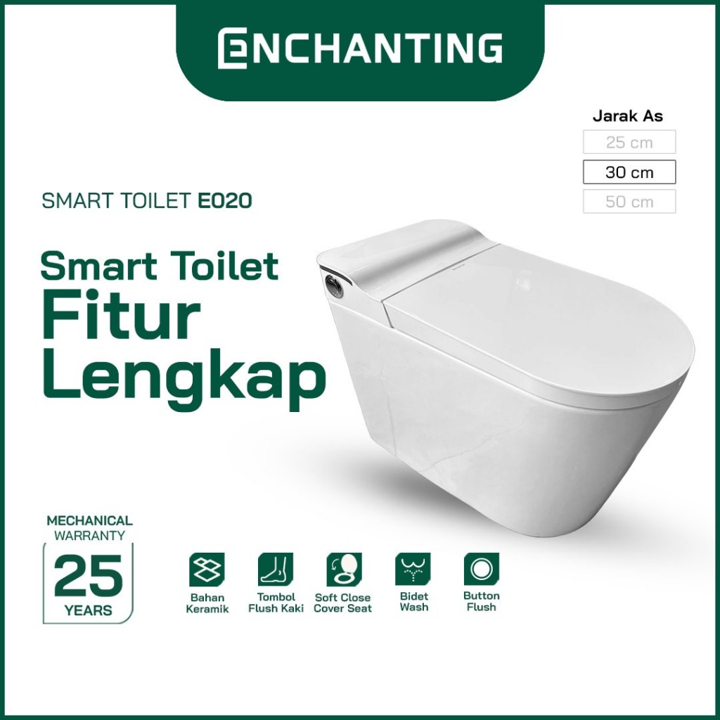 ENCHANTING Smart Toilet/Kloset Tanpa Listrik Duduk Pintar Soft Close Cover Jarak AS 30 cm Automatic 