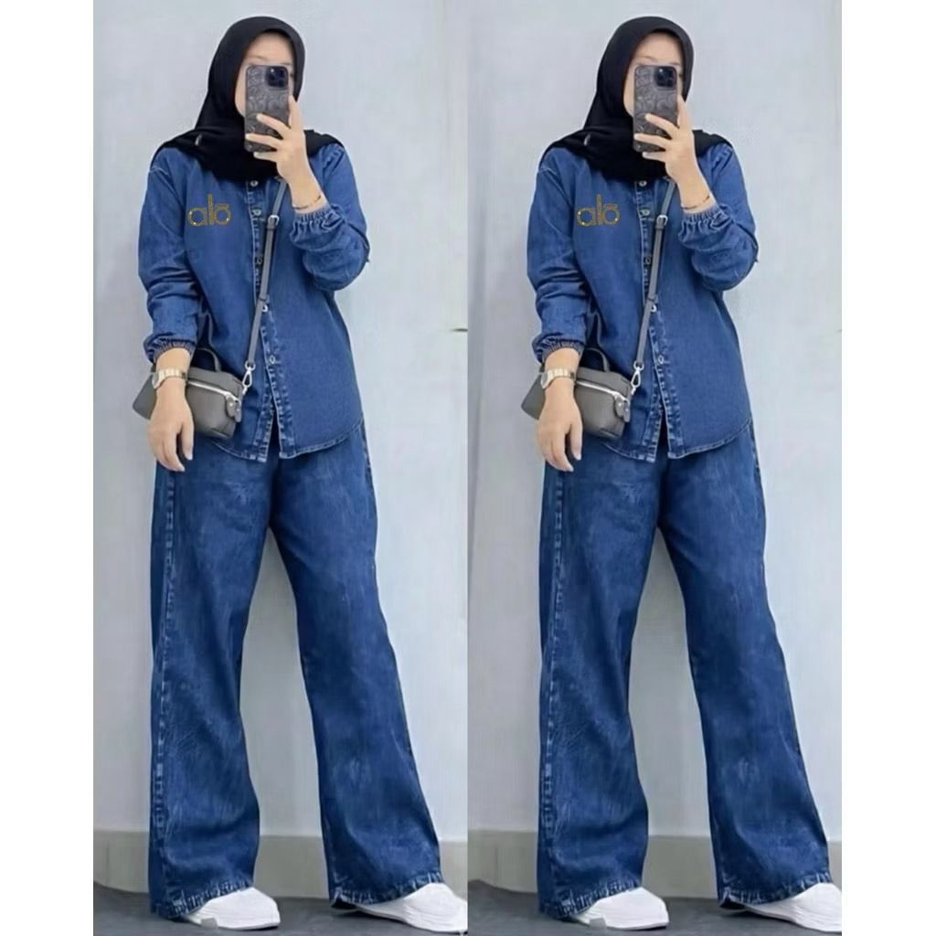 HOLA SET JEANS BORDIL, ATASAN KEMEJA JEANS BUSUI, CELANA KULOT JEANS, ONESET JEANS JUMBO WANITA