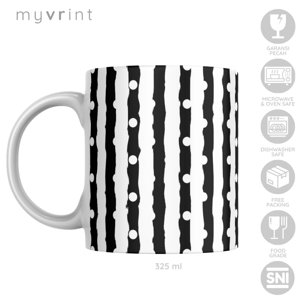 Mug Custom Motif Garis Gelas Monokrom Hitam Putih Cangkir Kopi Unik