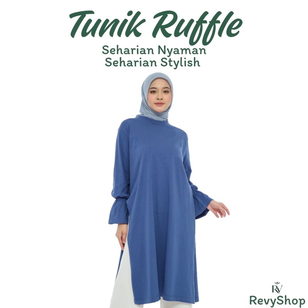 Kaos Tunik Ruffle Polos Wanita Biru Tua Jumbo Oversize Cotton Combed 24s – Big Size Basic