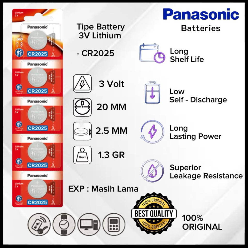 Baterai PANASONIC CR2025 Original Batre CR2025 Lithium 3 Volt 5 PCS