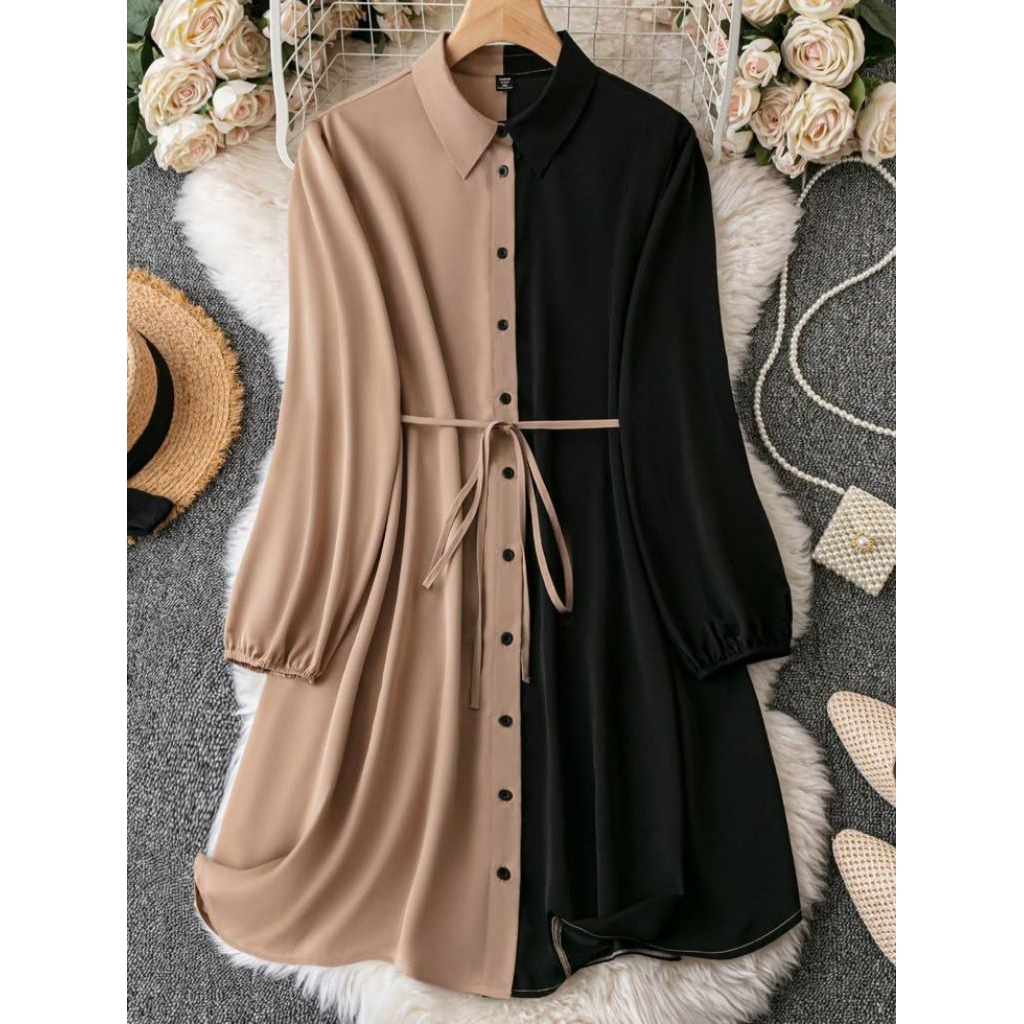 Tunik polos kombinasi 2 warna hitam coklat