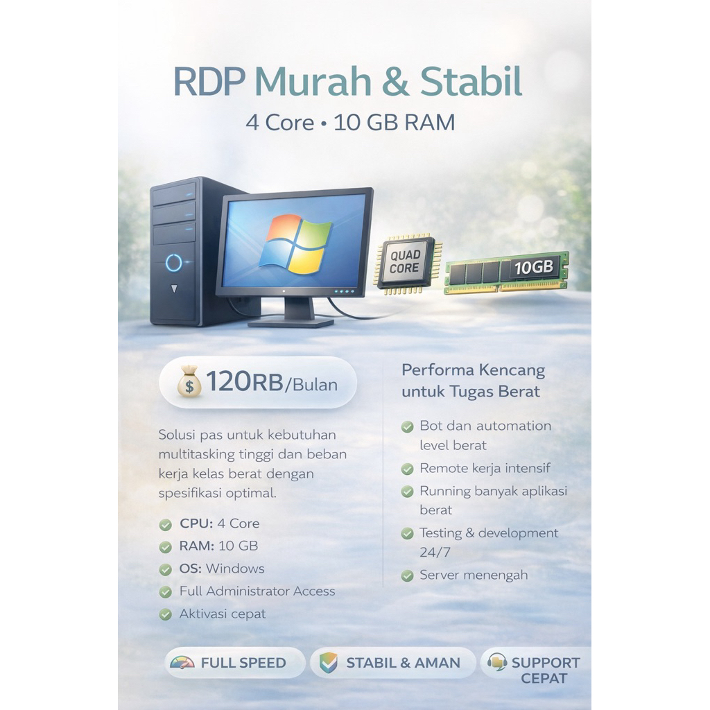 RDP Windows Murah 4 Core 10GB RAM