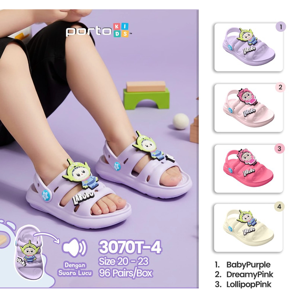 Sandal bunyi cit cit porto labubu size 20-23 untuk anak 1-2,5 tahun