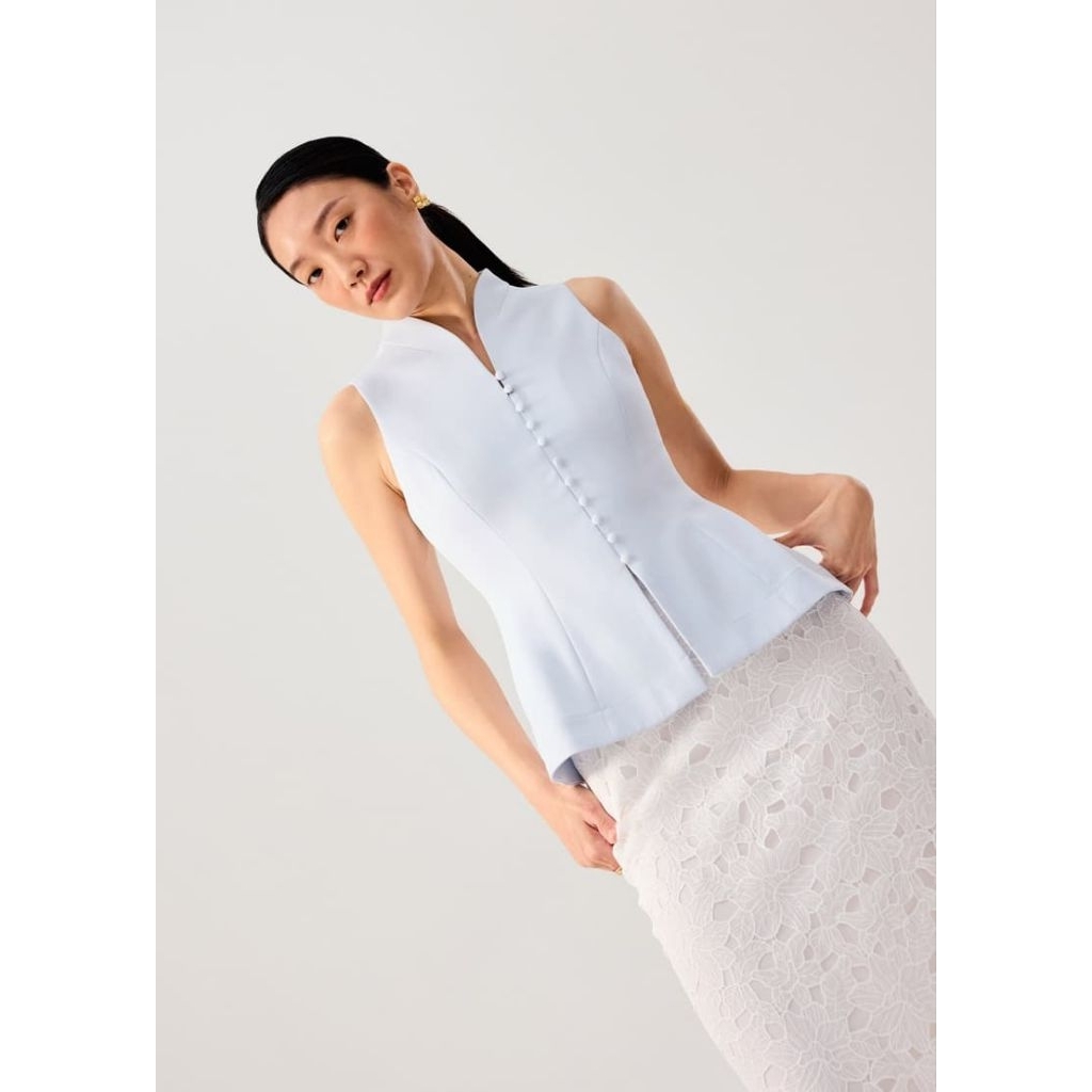 NEW Love Bonito / LoveBonito Zhen Mandarin Collar Peplum Vest Top in Light blue size S