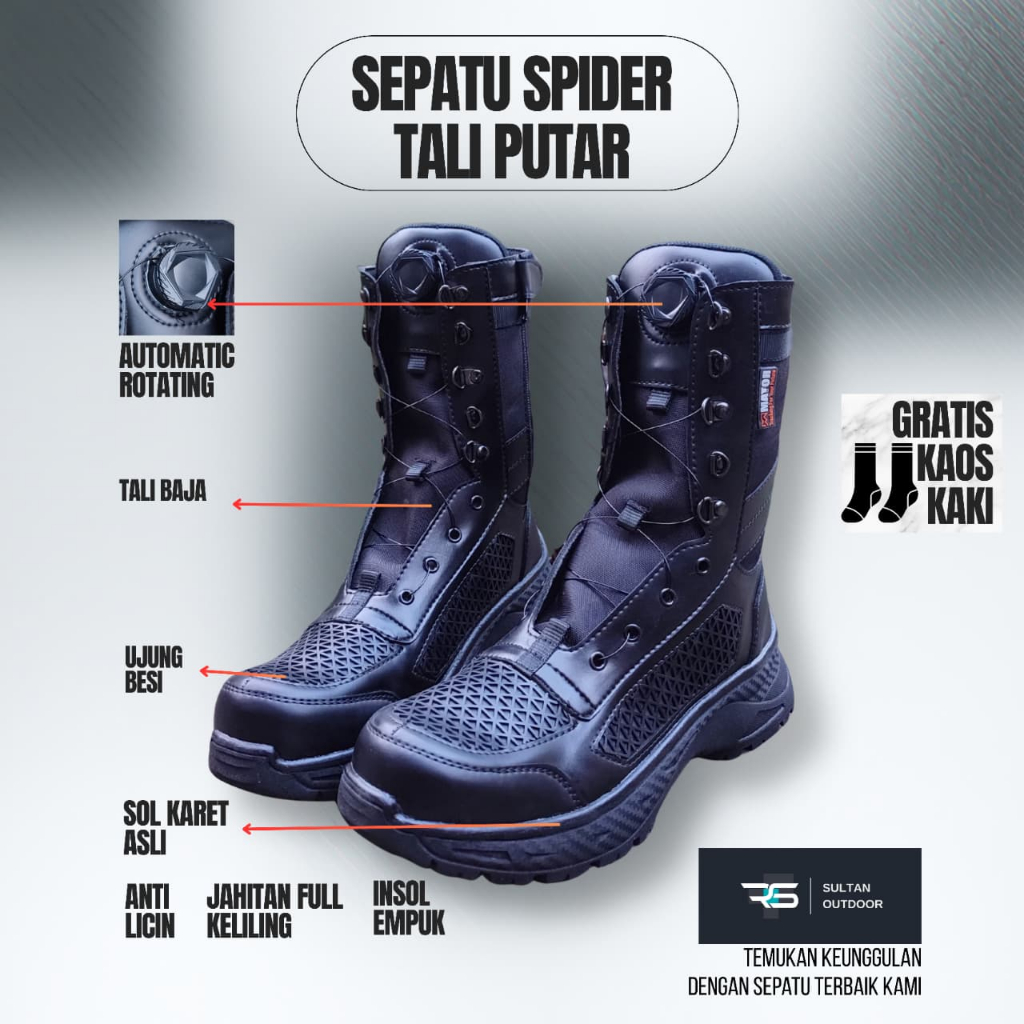 Pdl Tali Putar Sepatu PDL Tali Putar Ujung Besi Hitam Pria Sistem Boa Resleting Samping Bahan Sepatu