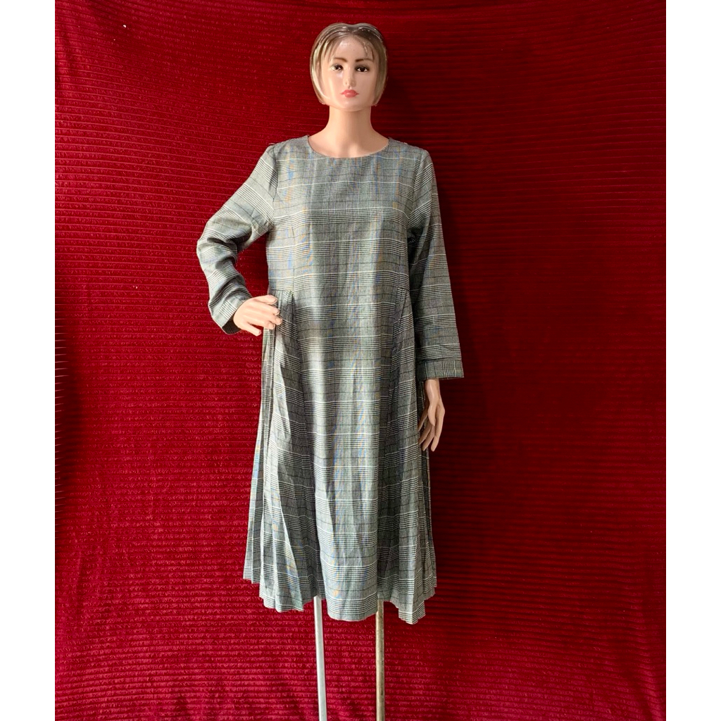 ELEGANT DRESS WANITA KOTAK KOTAK ABU PLISKET LENGAN PANJANG CANTIK CASUAL