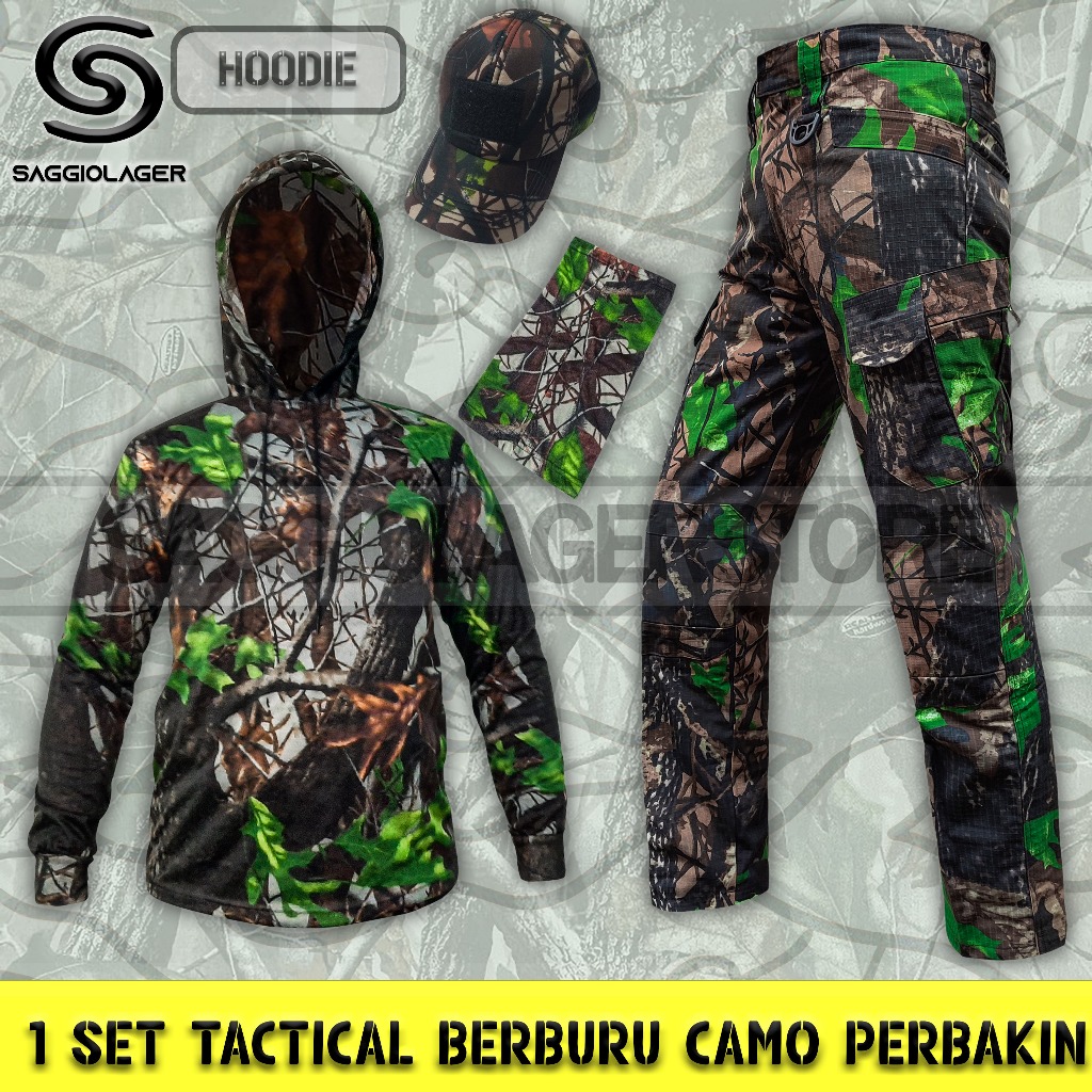 Satu Set Setelan Baju Kaos Hoodie Celana Tactical Topi Kamuflase Camo Perbakin Hunting Berburu