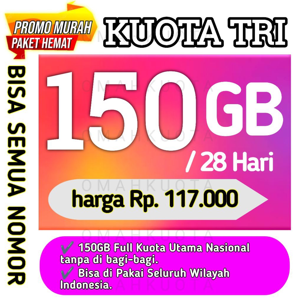 HOTPROMO - PAKET DATA TRI 150GB FULL INTERNET TANPA PEMBAGIAN 150GB KUOTA THREE TERMURAH