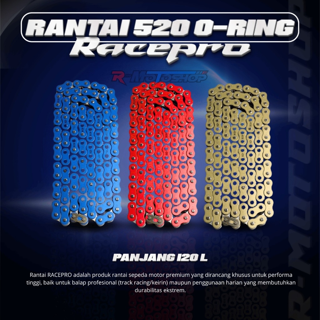 R-Motoshop, Rantai Motor 520 O-RING Gold Biru Merah Rantai Racepro Rante O-RING 520 Rantai 520 Rante