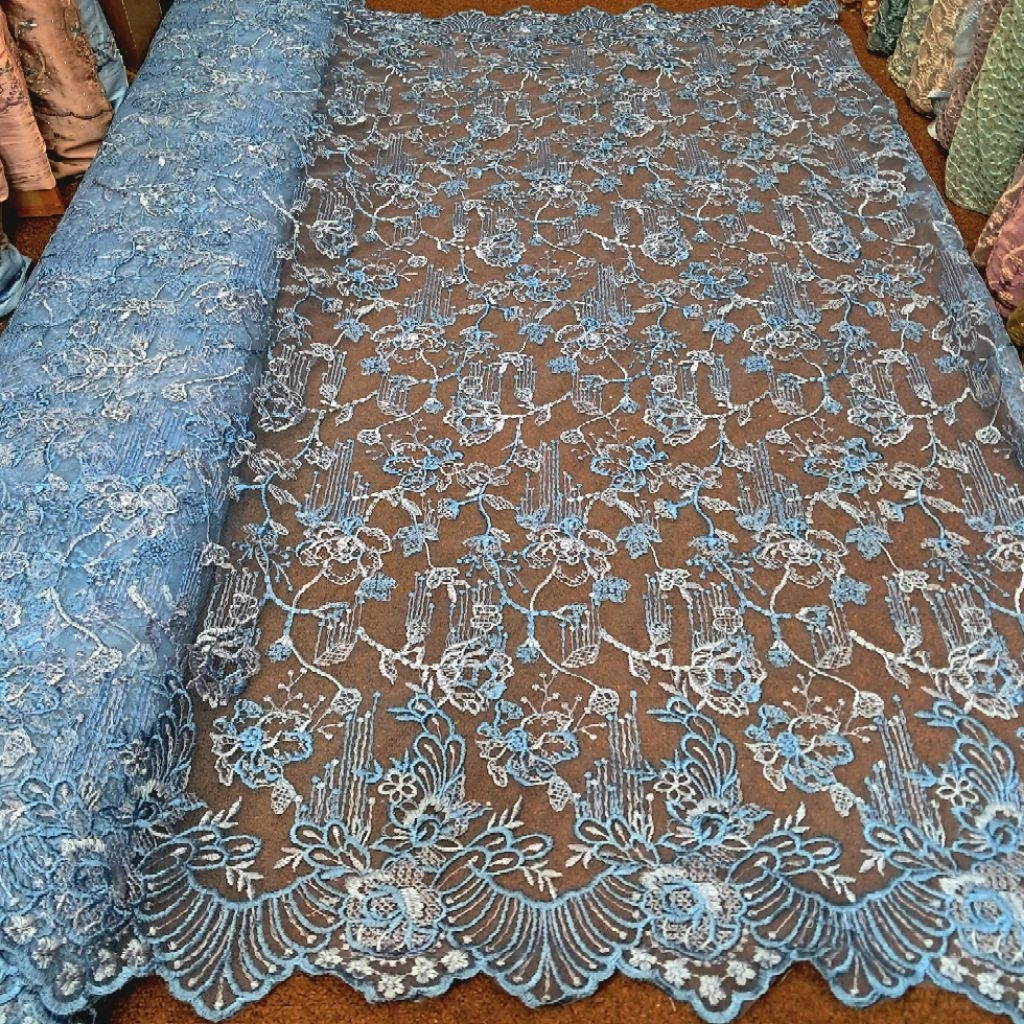 Kain tile bordir twotone motif bunga mawar/Bahan kain tulle edisi warna denim untuk kebaya