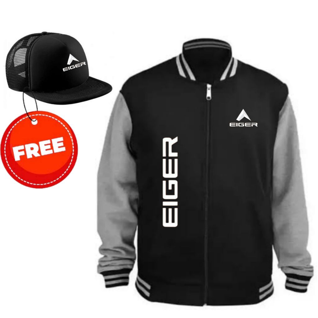 JAKETT EIGER GRATIS TOPI VARSITY BASEBALL HITAM ABU RESLETING