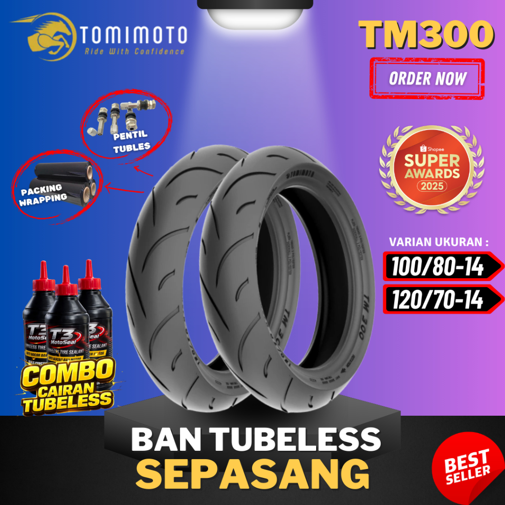 [SEPASANG MURAH] BAN TOMIMOTO TM300 RING 14 / ( 100/80-14 & 120/70-14 ) BAN TOMIMOTO TUBELESS TUBLES