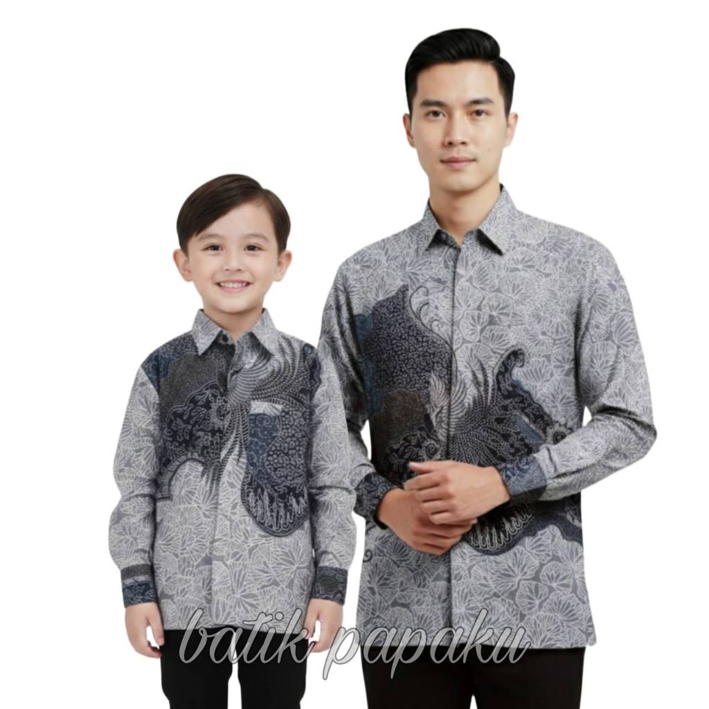 Batik Papaku Kemeja Batik Anak Laki-Laki  warna Abumuda silver cloud dancer Lengan Panjang Batik Aya