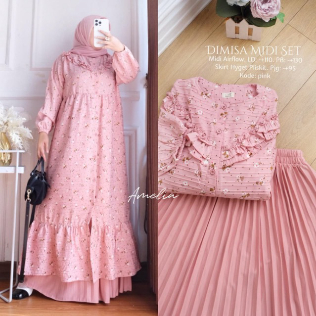 DIMISA Midi Set Jumbo Original Amelia Setelan Rok Plisket Hyget Top Airflow Crinkle Floral Motif Ove