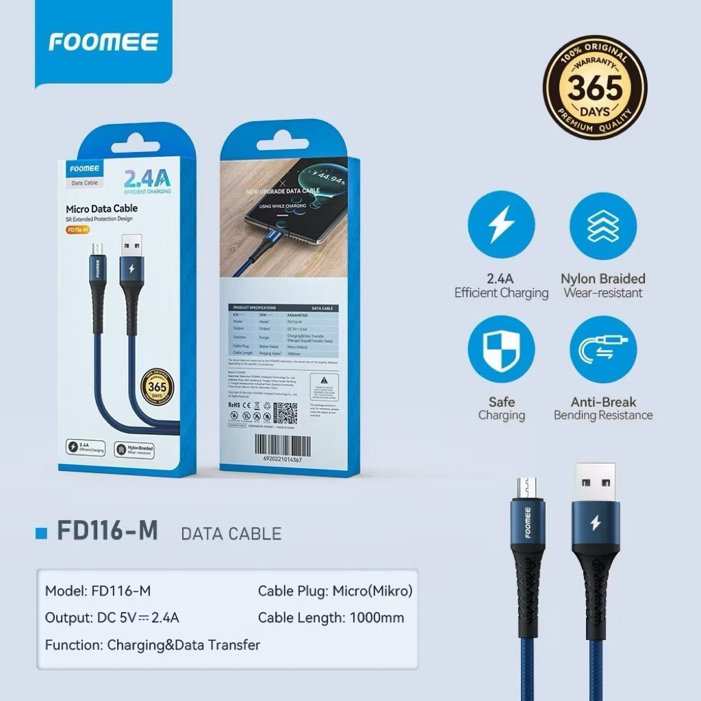 Foomee FD116-M Cable Micro 2,4A Fast Charging Braided Nylon FD116M