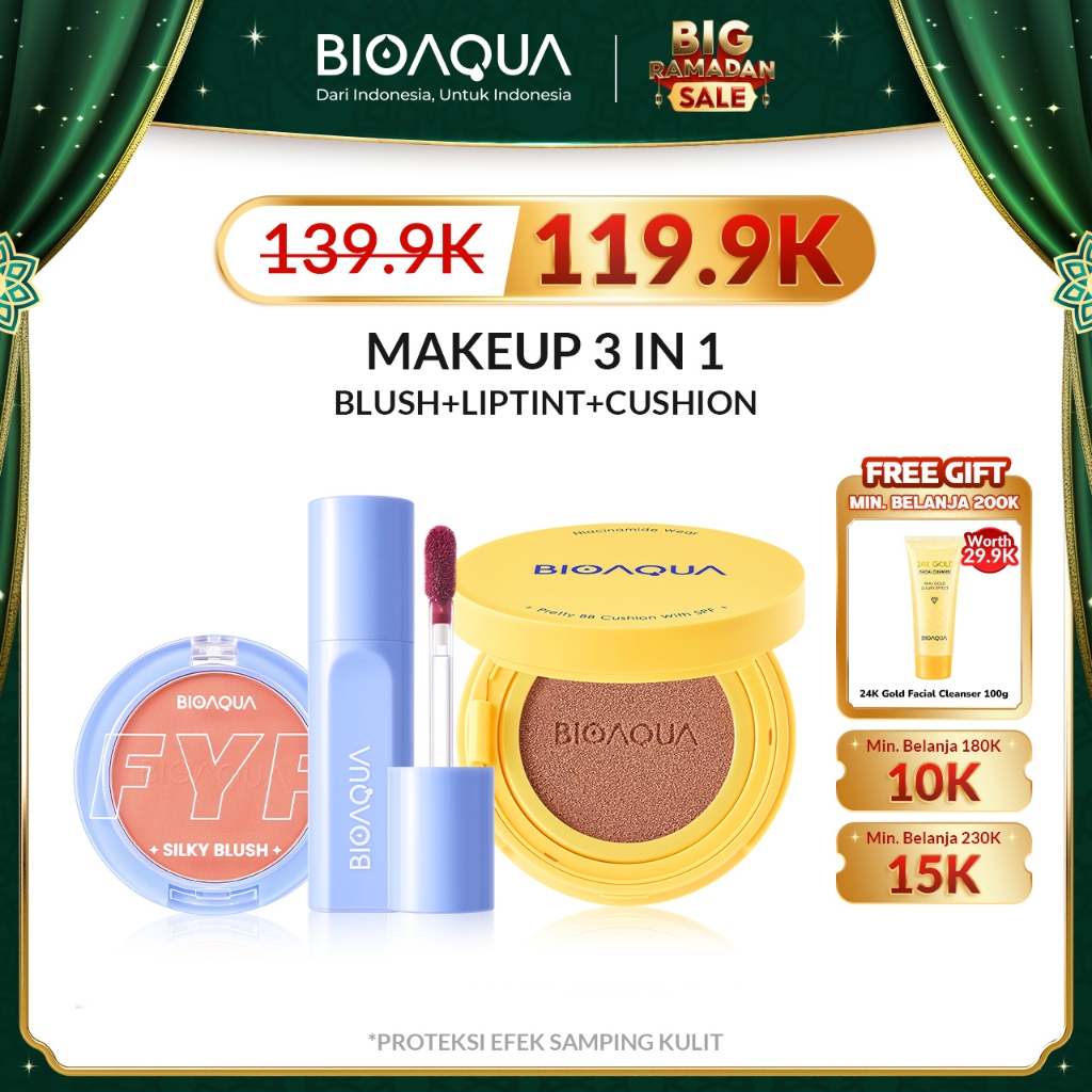 BIOAQUA Makeup 3 In 1 Cushion+Liptint+Blush on Bundle AquaLock ALL DAY Hybrid Cushion Bedak Cushion 