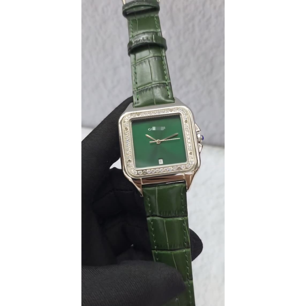 Jam tangan Luxury body swiss panthere Leather 36MM diamond bezel green leather silver case Quartz be