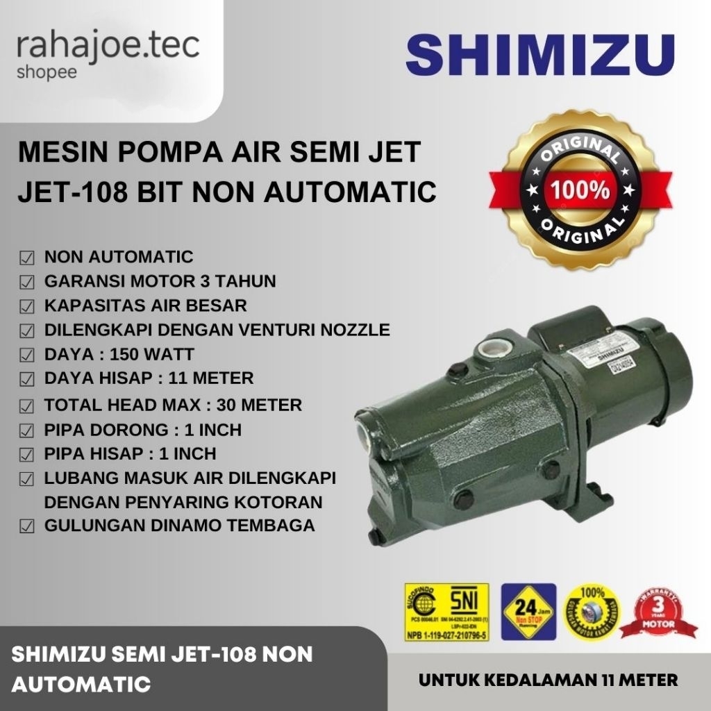 Shimizu semi  Jet Pump JET-108 BIT Mesin Pompa Air Semi Jet JET 108 JET108