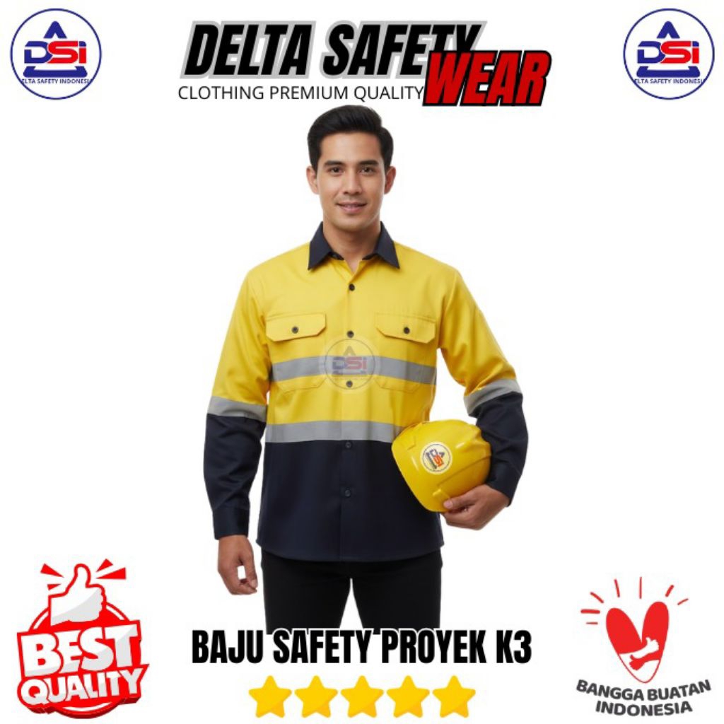 Baju Safety Premium Kuning Kombinasi Navy - Wearpack Safety - Kemeja Proyek Terlaris - Delta Safety 