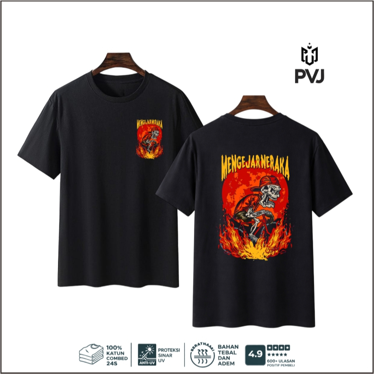 Kaos Distro "Mengejar Neraka" Tampil berani dengan grafis skull api yang edgy unisex