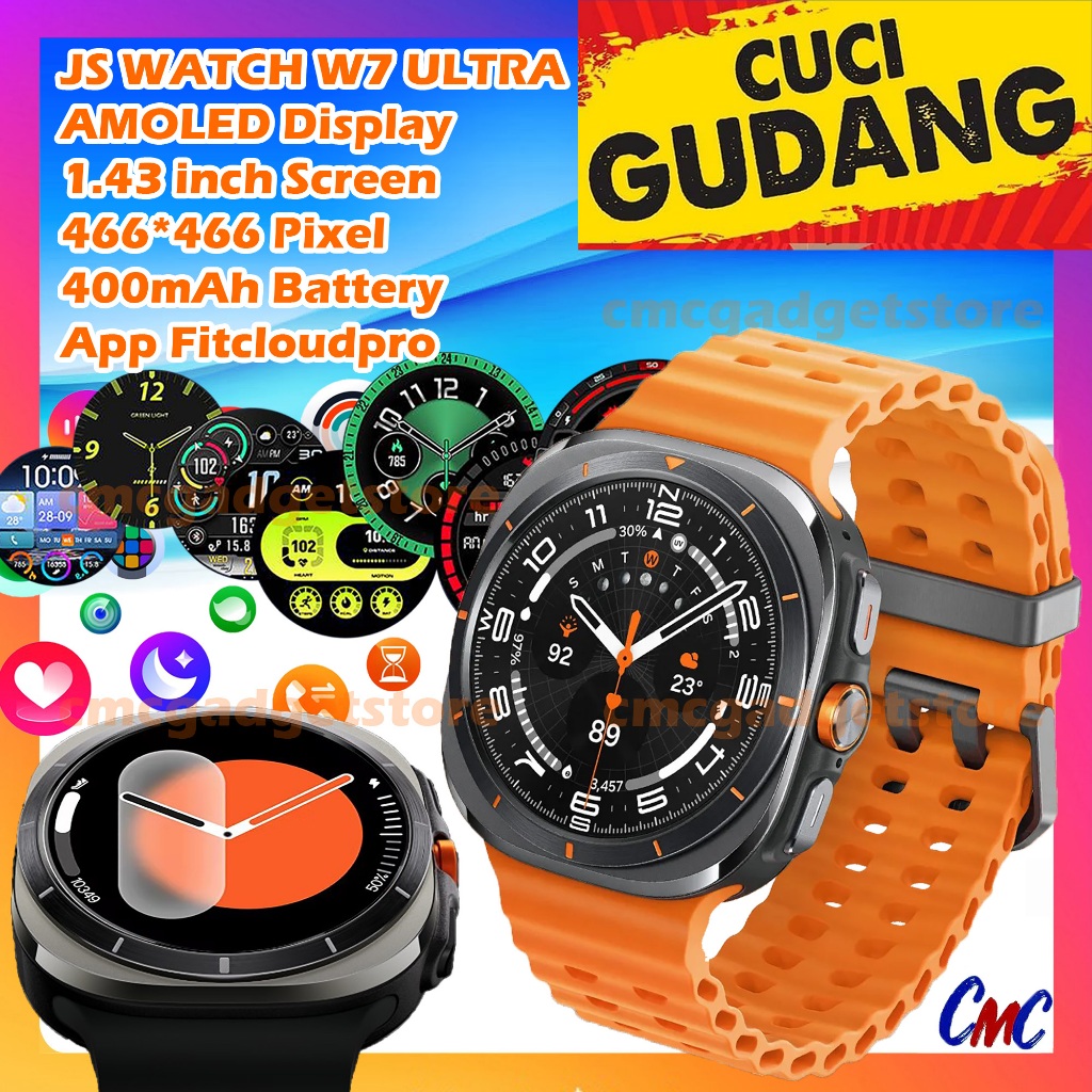 JS Watch 7 Ultra W7 Smartwatch AMOLED 1.43 inch Display Smart Watch Pria Wanita Stainless Steel