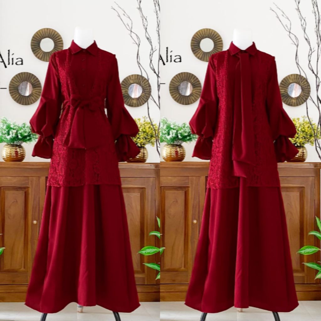 Gamis Alia anak dewasa dress outer brokat 2 in 1 baju lebaran wanita muslim pakaian kondangan pesta 