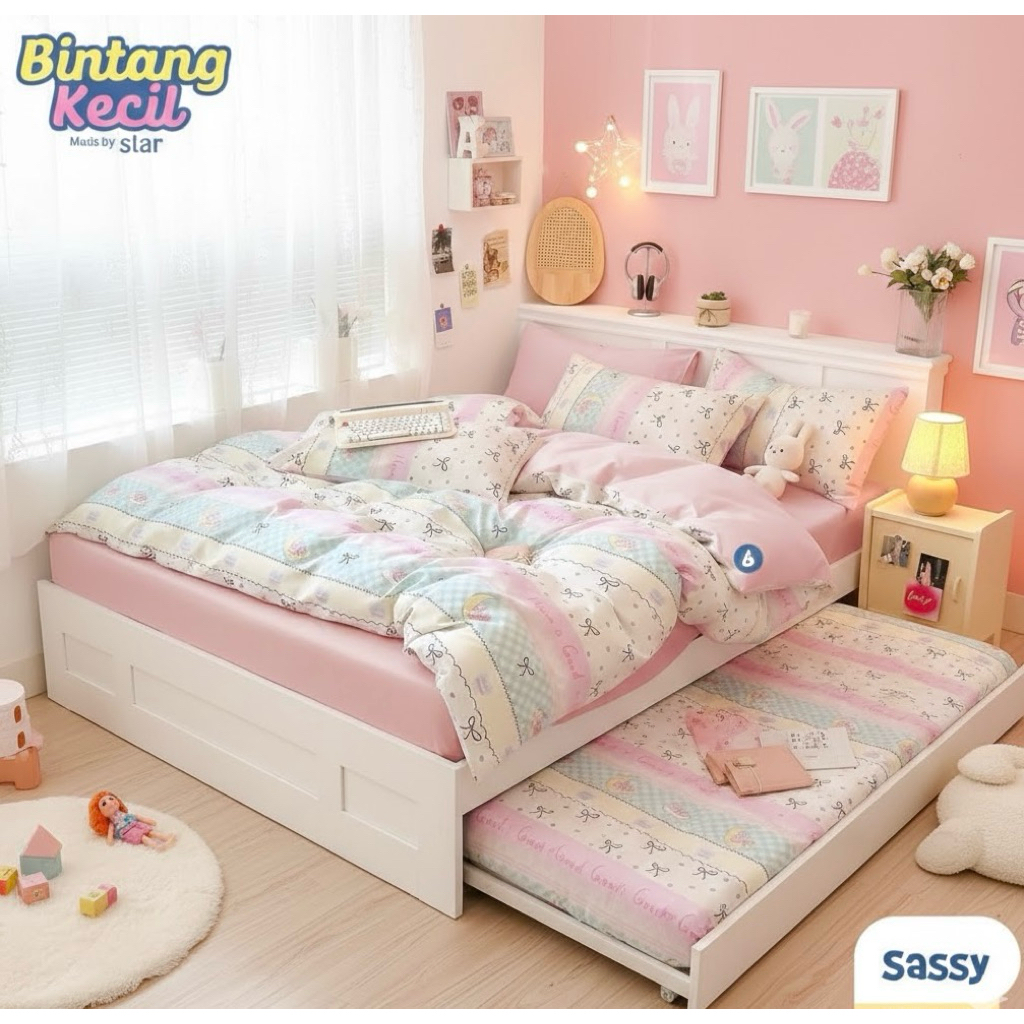 SPREI SET KASUR SORONG 2in1 KATUN CVC PREMIUM BAHAN HALUS ADEM MOTIF ANAK AESTHETIK