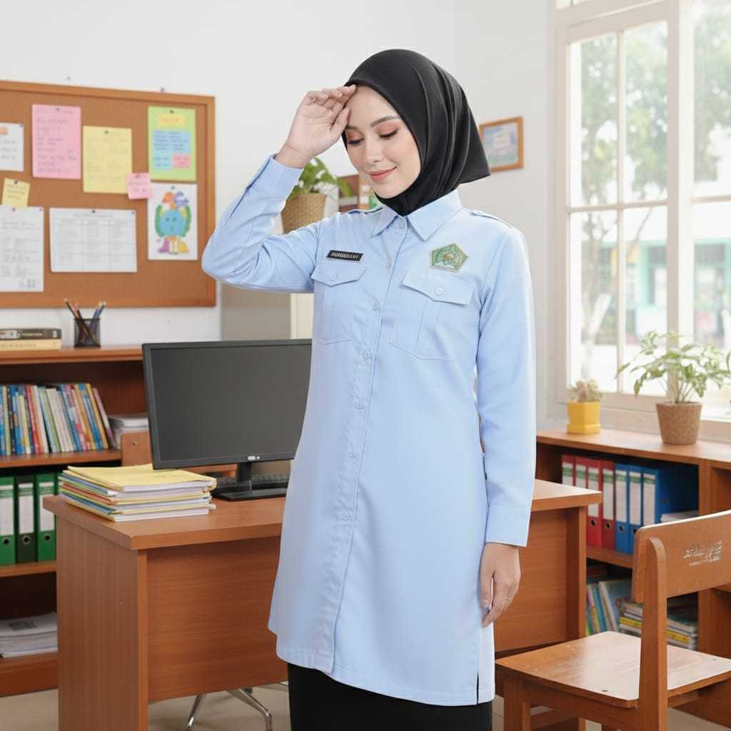 TUNIK PDH KEMENAG BIRU WANITA  LENGAN PANJANG Bahan Amerikan Drill / BAJU WANITA ASN biru muda /  KE