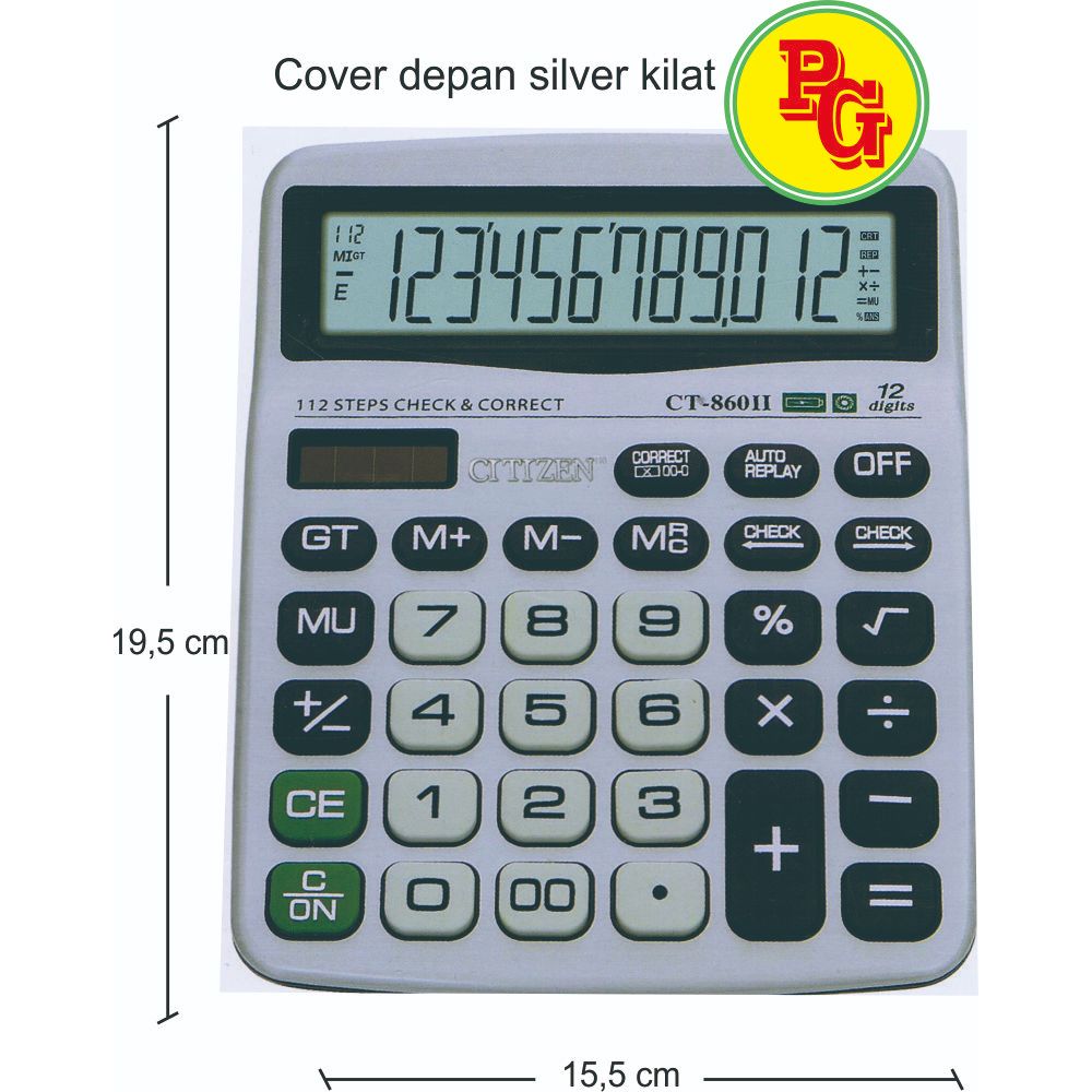 Kalkulator CITIZEN CT-860 II 12 digit Warna Menarik  SILVER KILAT Original Solar Baterai dengan fung