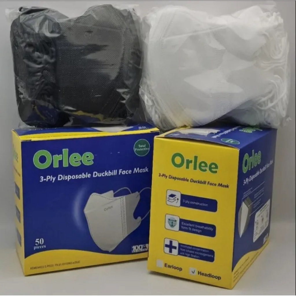 Masker Duckbill OR Orlee 3ply Headloop Hijab 50pcs Hitam Putih