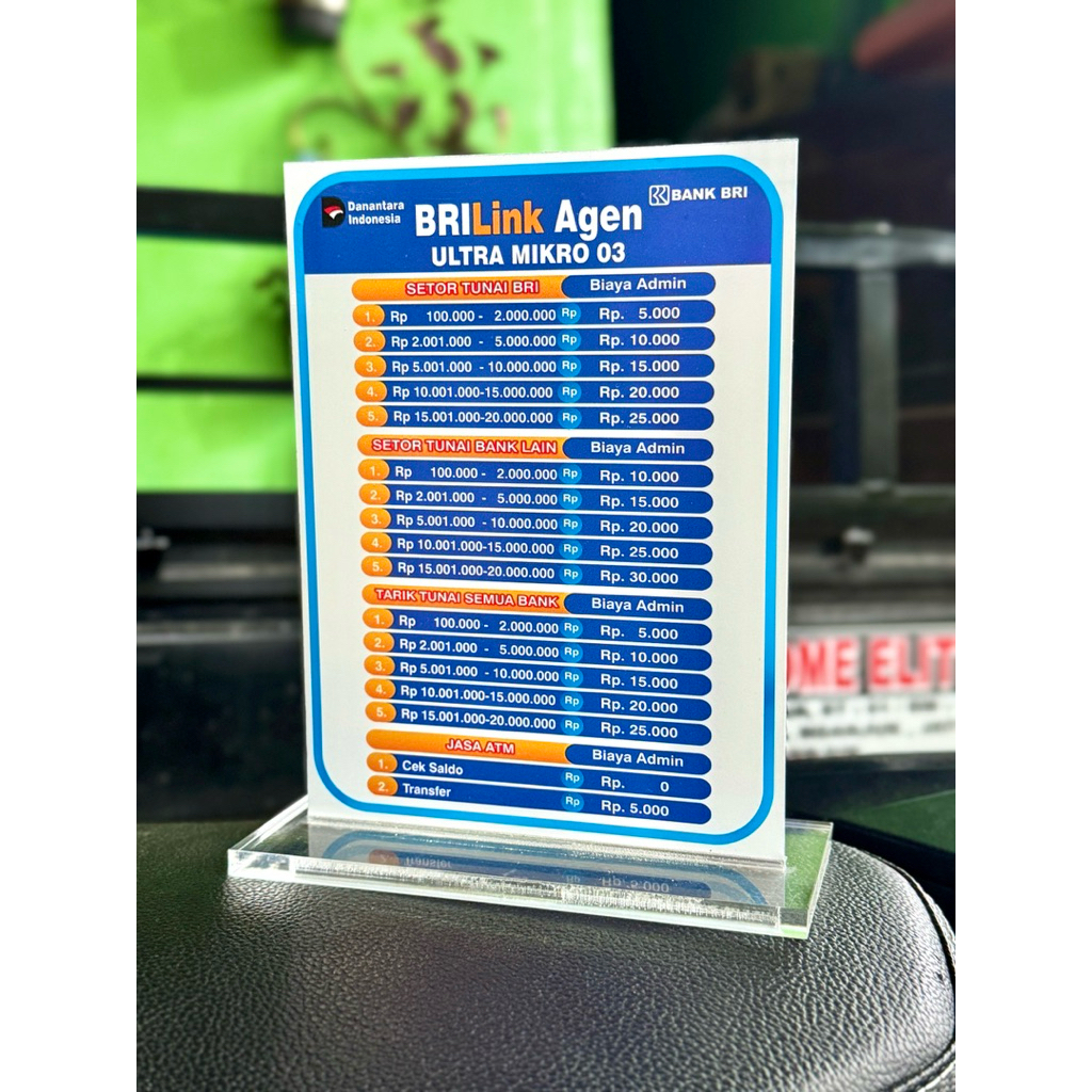 BISA REQUEST TARIF LAYANAN AGEN BANK BRILINK BRI LINK BRI AKRILIK MEJA PAJANGAN UKURAN 15x20CM