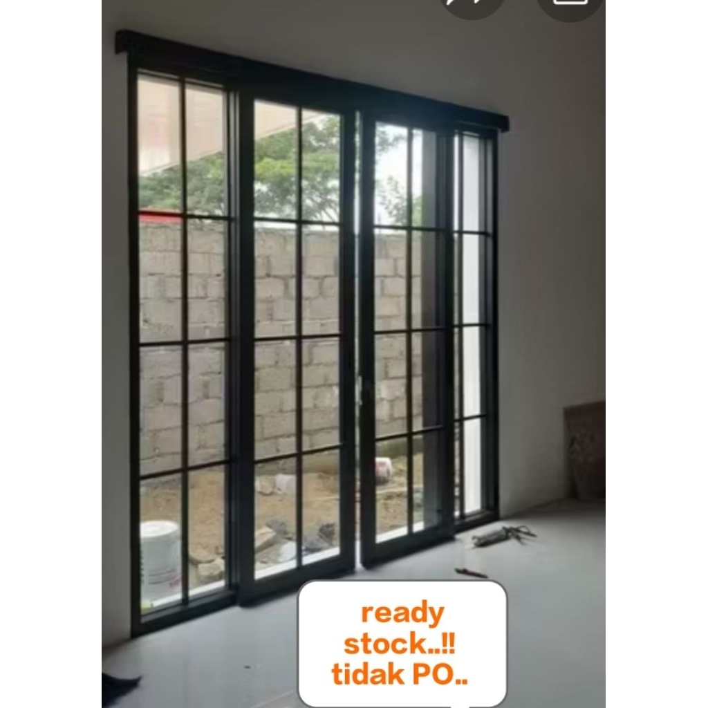 pintu aluminium sleding lebar 220 x tinggi 210  2 daun+kaca mati 2 daun ornamen full kaca 5mm