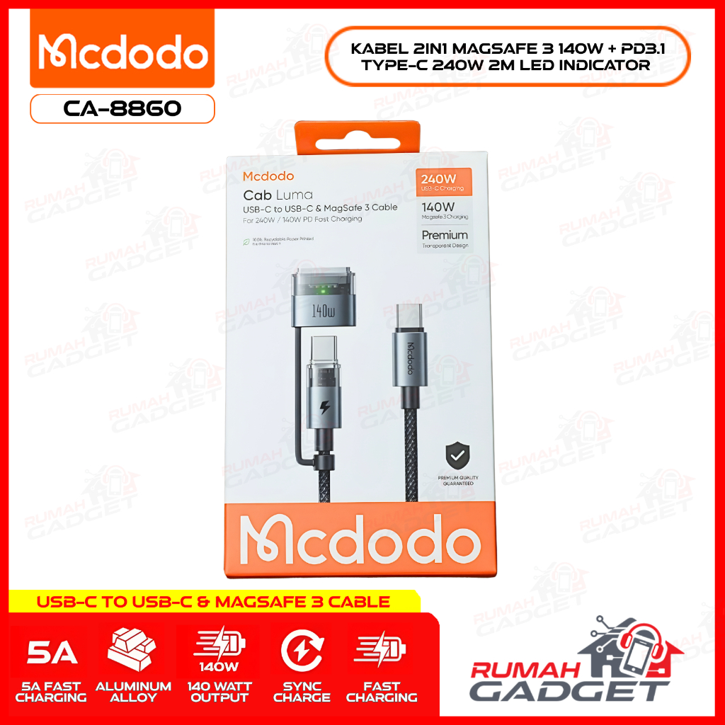 MCDODO 2in1 140W MagSafe 3 & 240W PD3.1 Type-C – LED Indicator – Cable 2 Meter