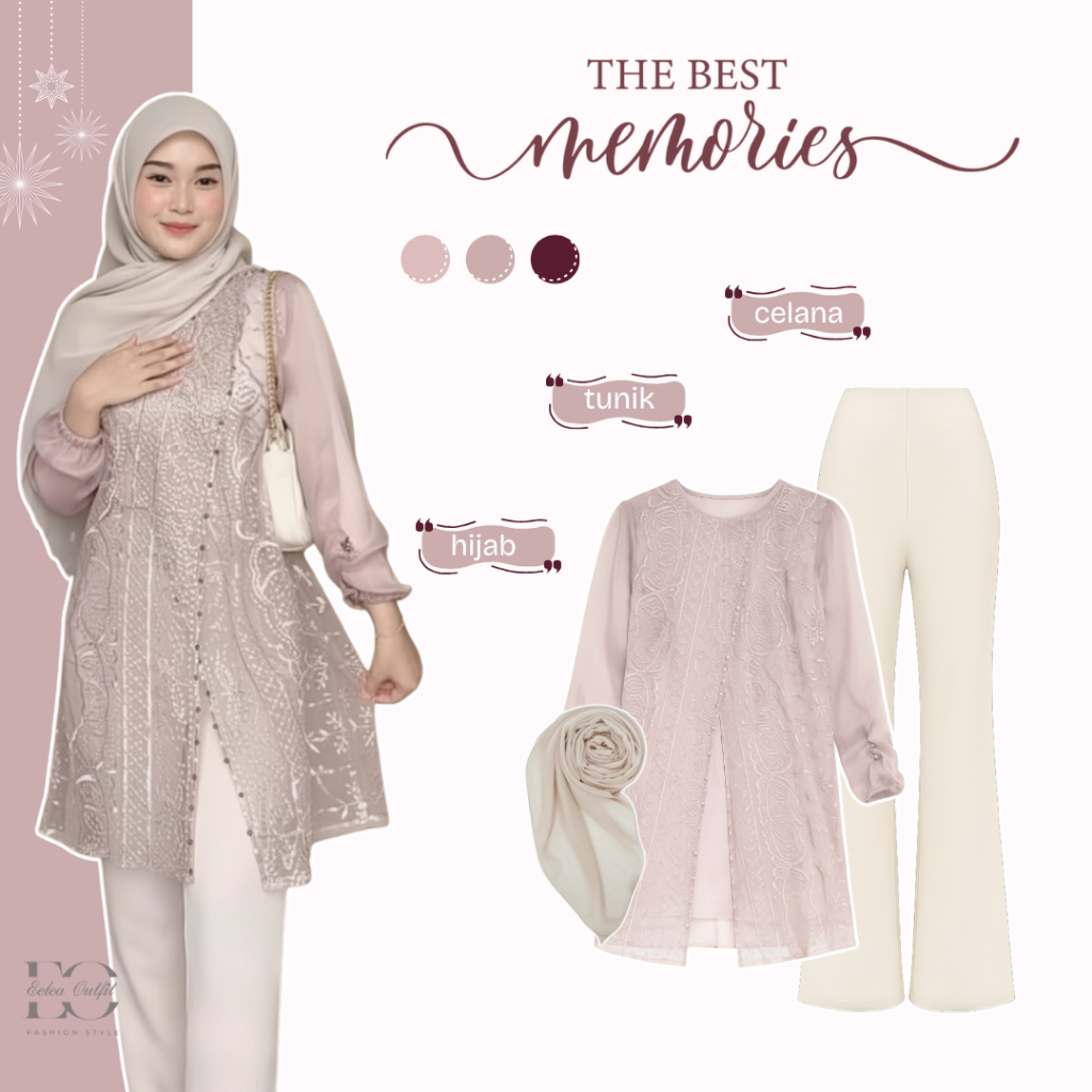 Baju Kondangan Wanita | Zize Tunik Brukat + Celana Flare + Jilbab | One Set Kondangan - EO30N