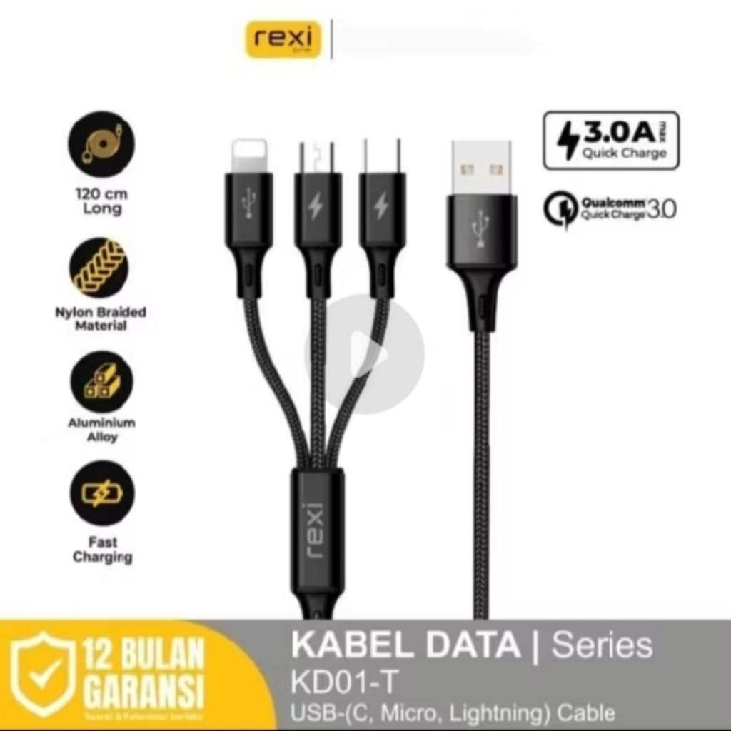 REXI KD01-T Cable Data 3in1 Nylon Fast Charging KD01