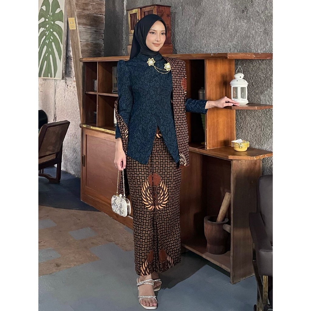 NLKM BATIK Set Kebaya Kelanikha Modern Janggan Kutu baru Jumbo Navy