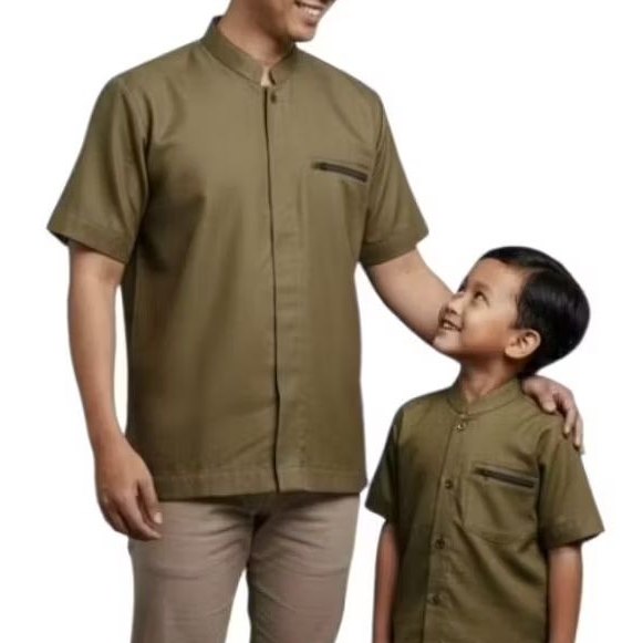 BAJU KOKO COUPLE AYAH ANAK MUSLIM WARNA OLIVE LENGAN PENDEK/KEMEJA KOKO
