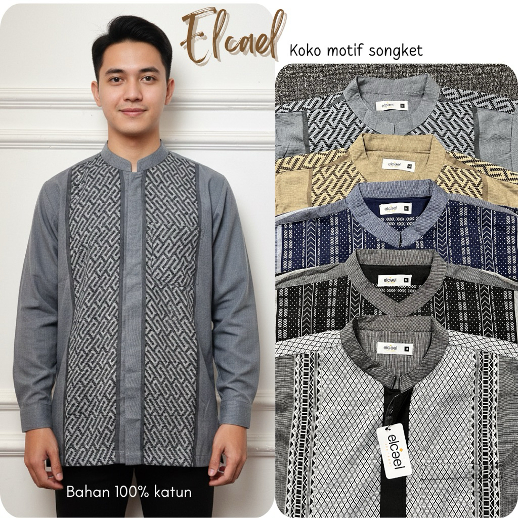Baju koko dewasa lengan panjang Elcael Nevad@ baju muslim pria Kemko cowok Kemeja koko Hem taqwa