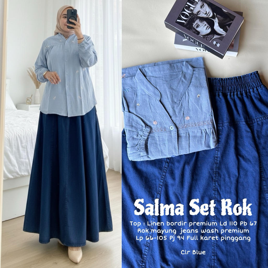 Setelan Baju Wanita Dewasa Salma Set . Setelan Kemeja dan Rok Jeans . Setelan Baju Linen Bordir Plus