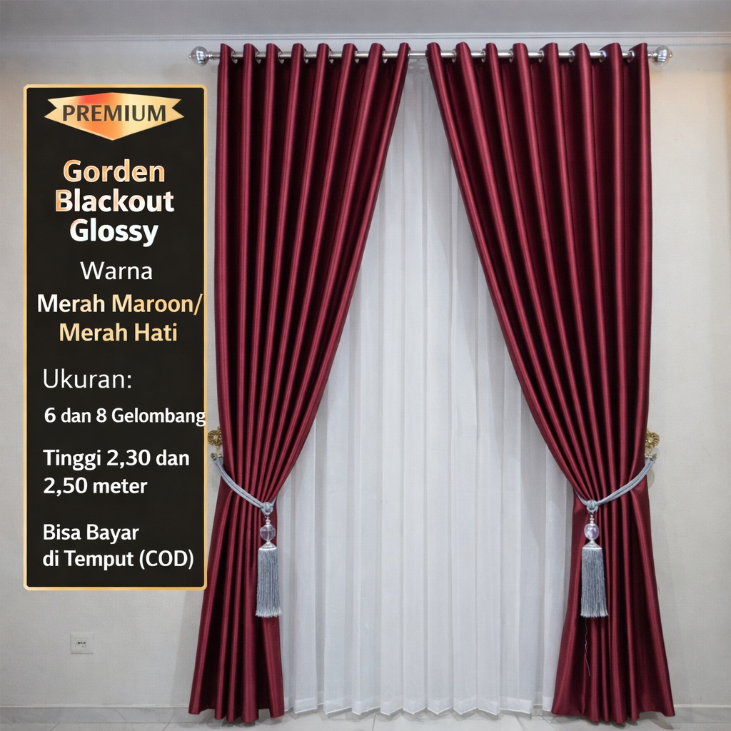 Gorden blackout premium glossy Embos (kilat) Warna Merah Maroon atau Merah Hati/BO Laser/Red/Polos/P