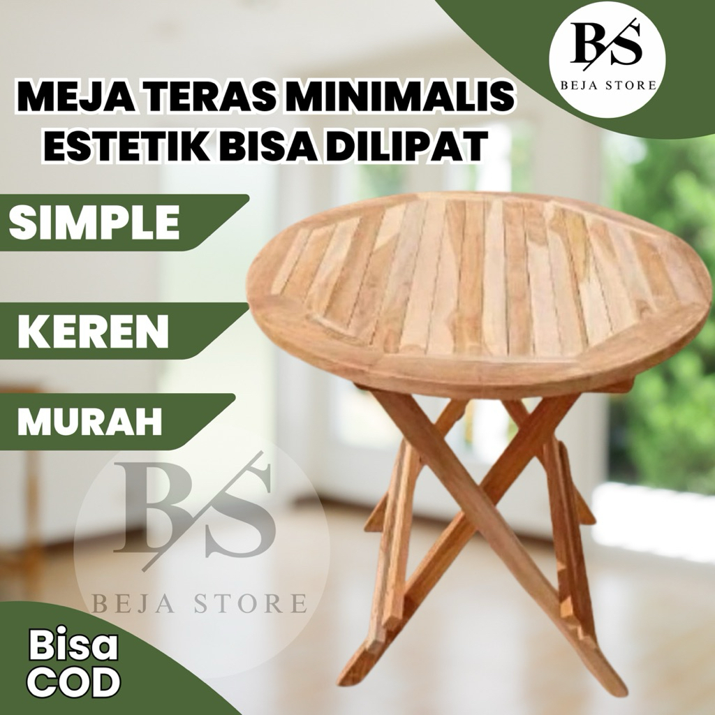MEJA TERAS MINIMALIS ESTETIK BULAT BISA DILIPAT BAHAN KAYU JATI KOKOH FURNITURE JEPARA