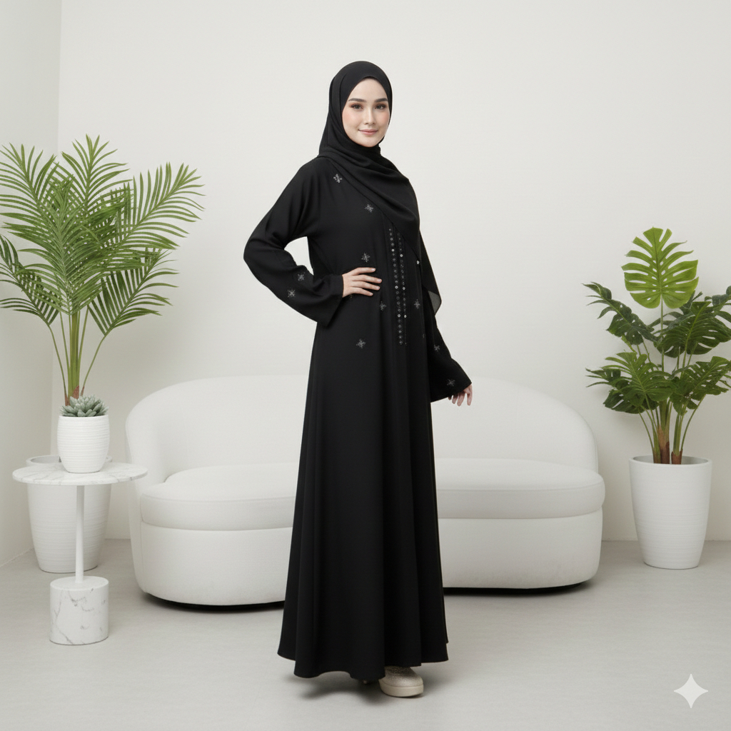 Alessa Fashion Gamis Abaya Wanita Polos Hitam Bahan Ceruty Premium Elegan dan Mewah Terbaru