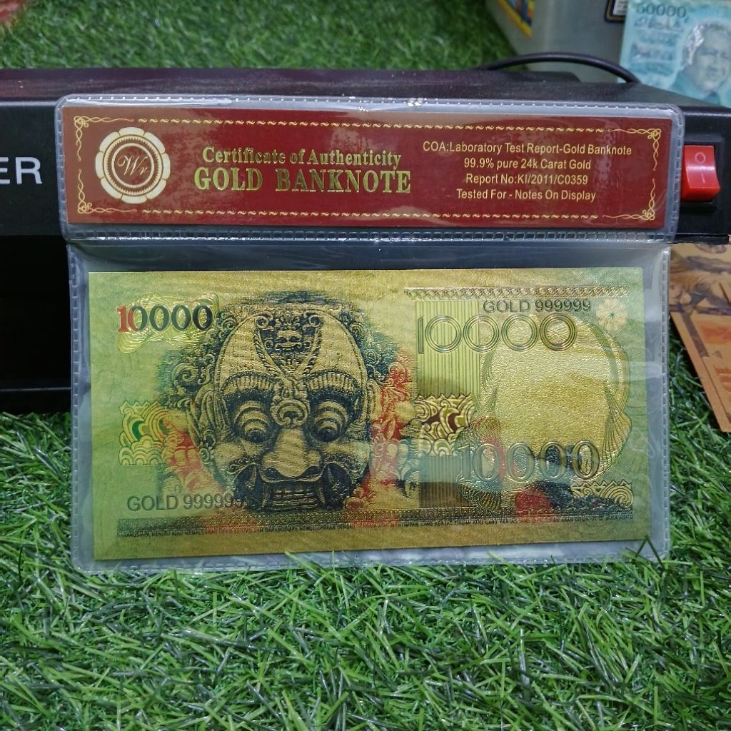 Uang gold foil 10000 Barong + Sampul Sertificate