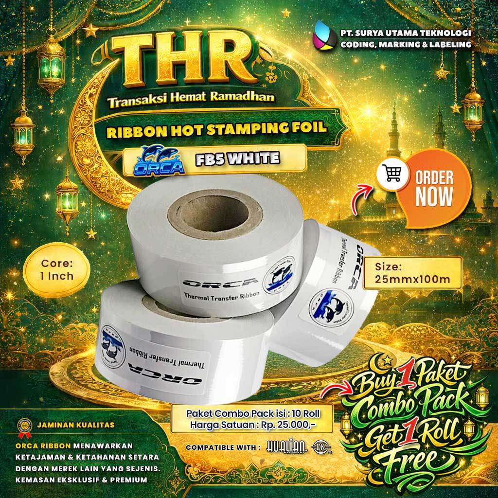 Ribbon Tape Hot Stamping Foil FB5 ORCA Putih Ukuran 25mm x 100m  Paket Combo Pita Tinta 10 Roll Free