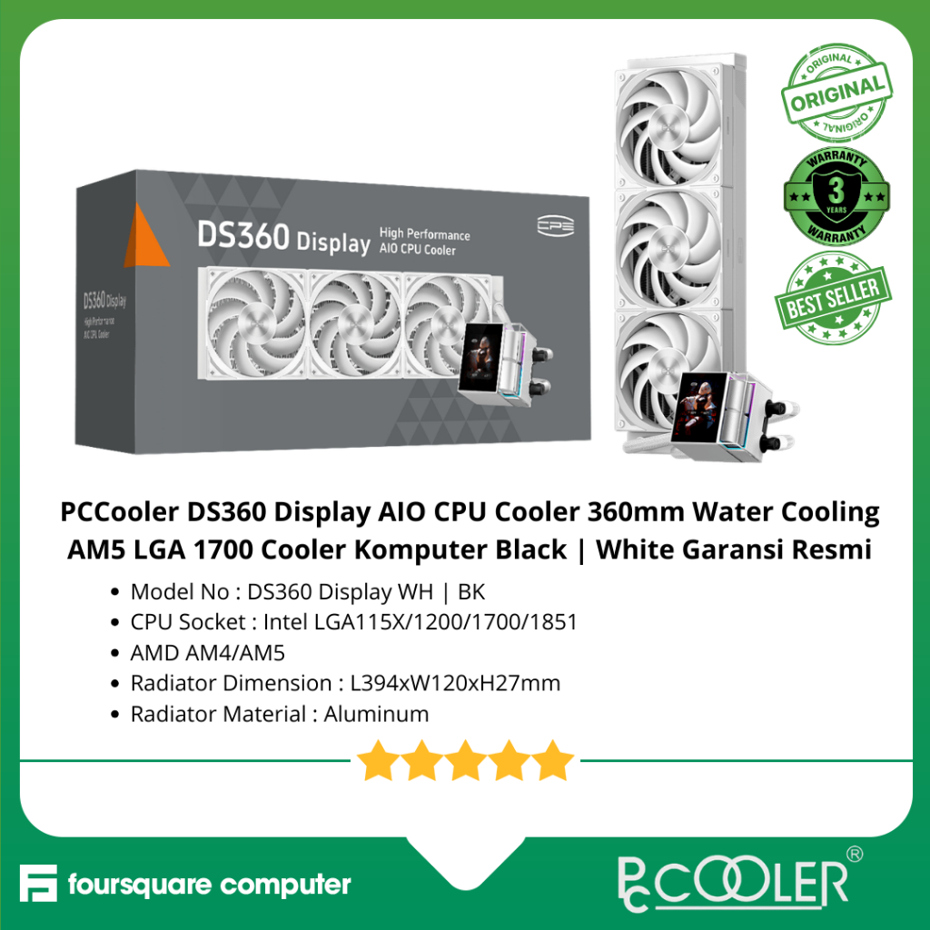 PCCooler DS360 Display AIO CPU Cooler 360mm Water Cooling AM5 LGA 1700 Cooler Komputer Black | White
