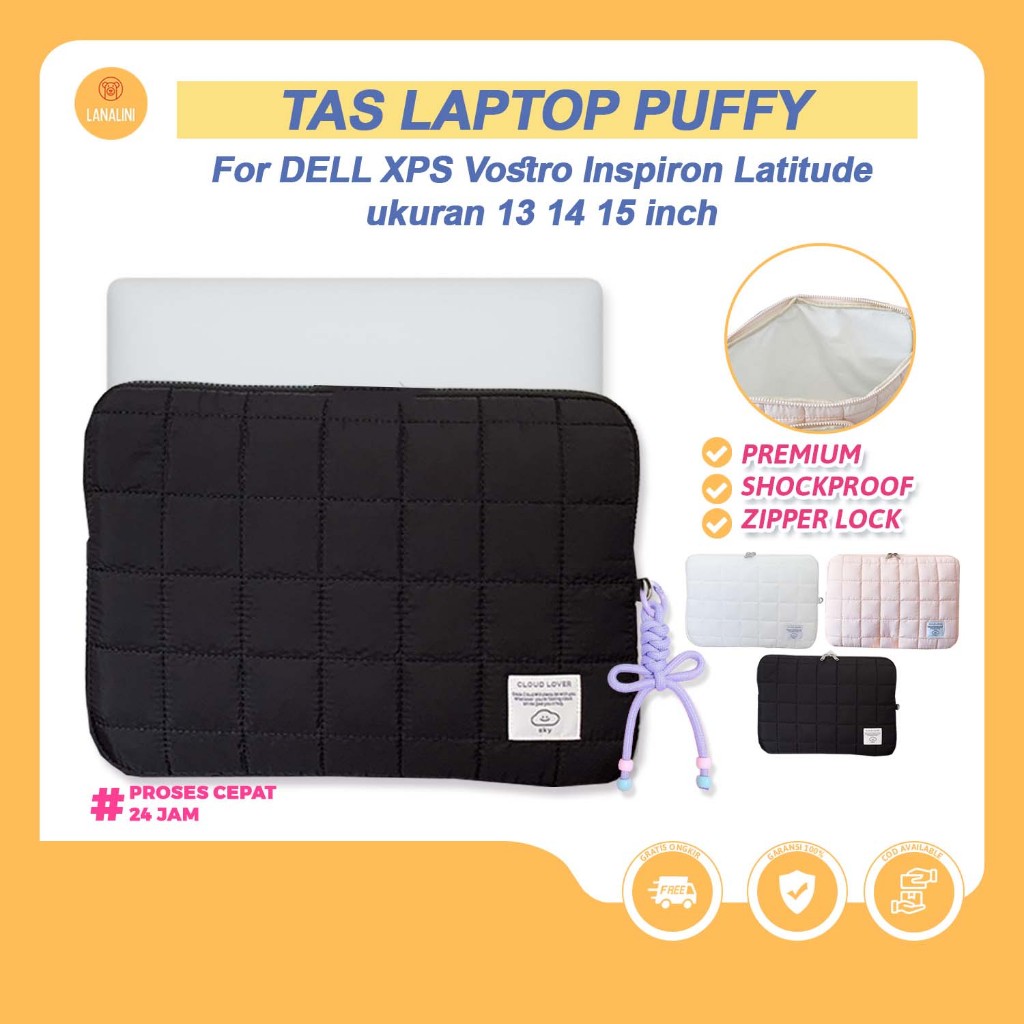 Tas Laptop Dell XPS Inspiron Latitude Chromebook 13 14 15 15.6 Inch Puffy Polos Empuk Anti Gores Lap