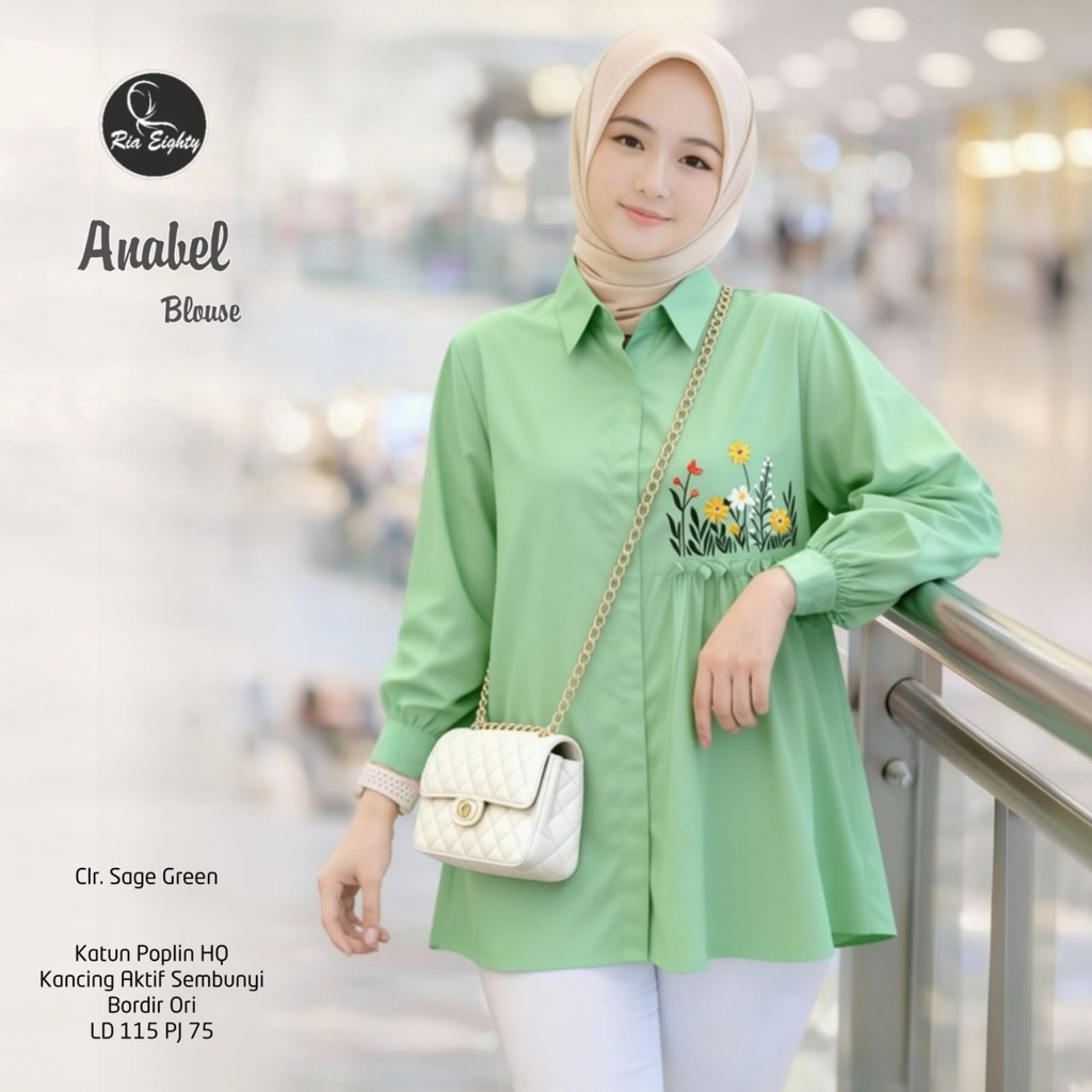 Sage green Anabel Kemeja Oversize Blouse bordir asli Ld 115 / riaeighty