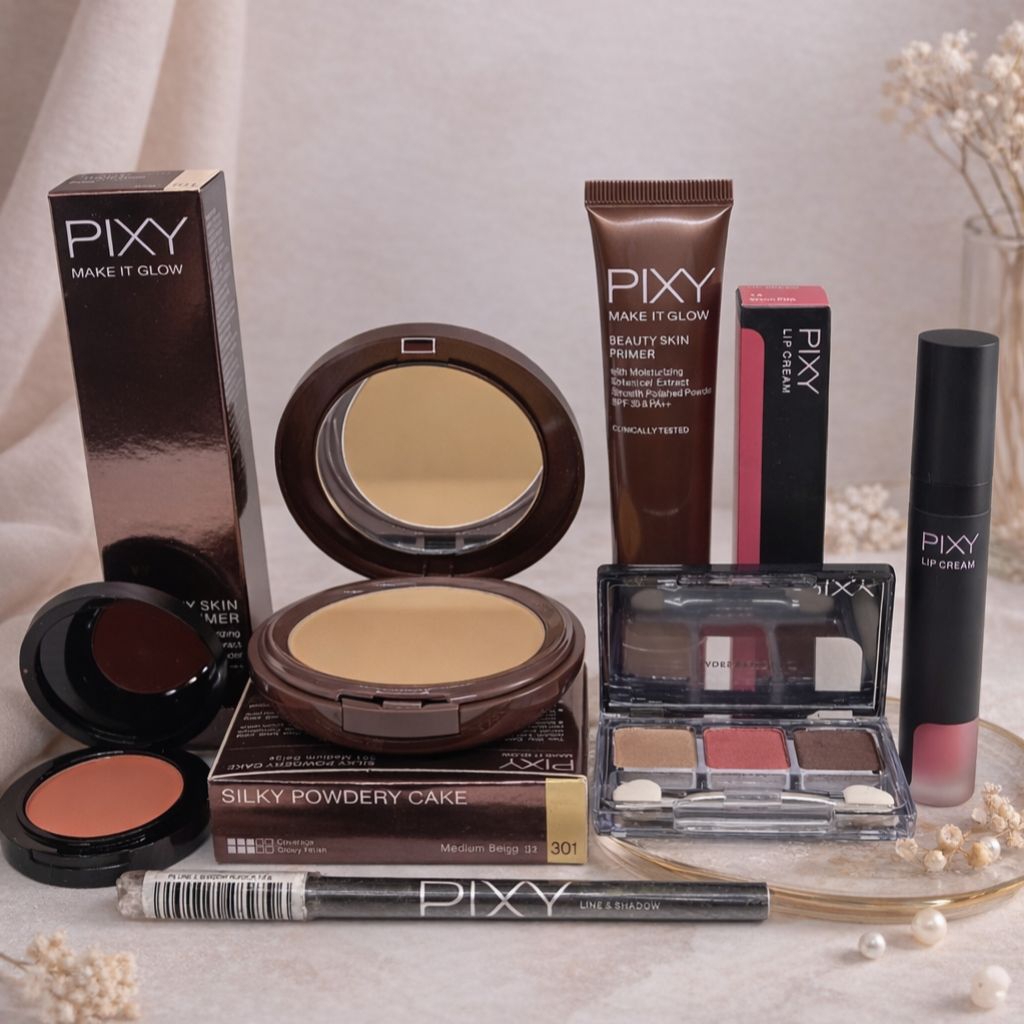 PIXY PAKET MAKE UP GLOWING NUDE & GLOWING PLUM/ Pixy MAKE IT glow PRIMER/ Pixy SILKY POWDERY CAKE