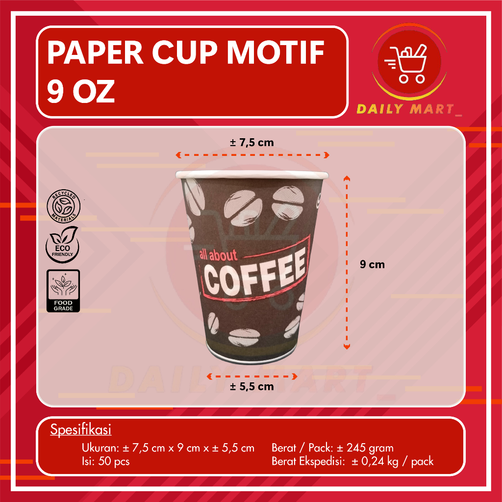 Paper Cup 9oz Motif Isi 50pcs / Gelas Kertas Motif Kopi 9 oz 50pcs